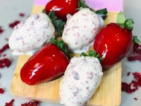 Tábua de madeira com morangos cravejados e morangos do amor prontos